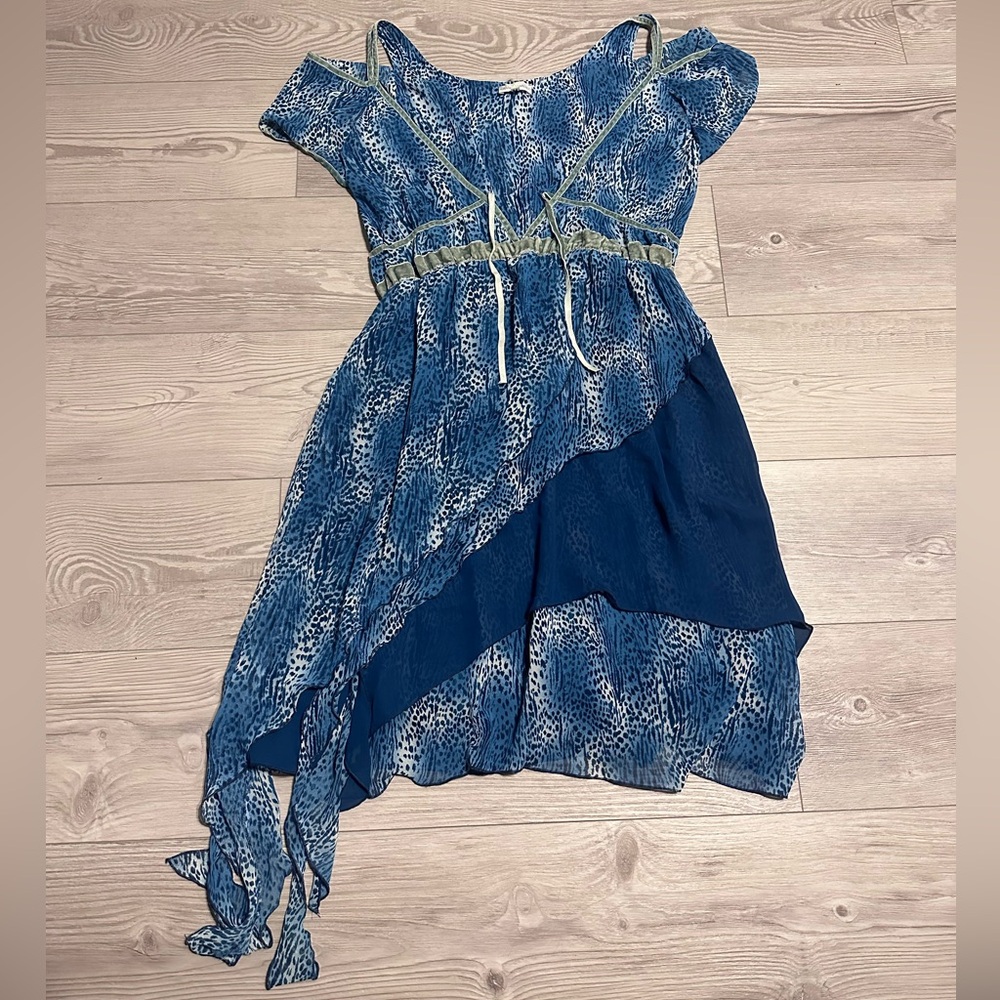 Vintage Iorane Rabello Blue White Green Animal Print Asymmetric Midi Dress, M